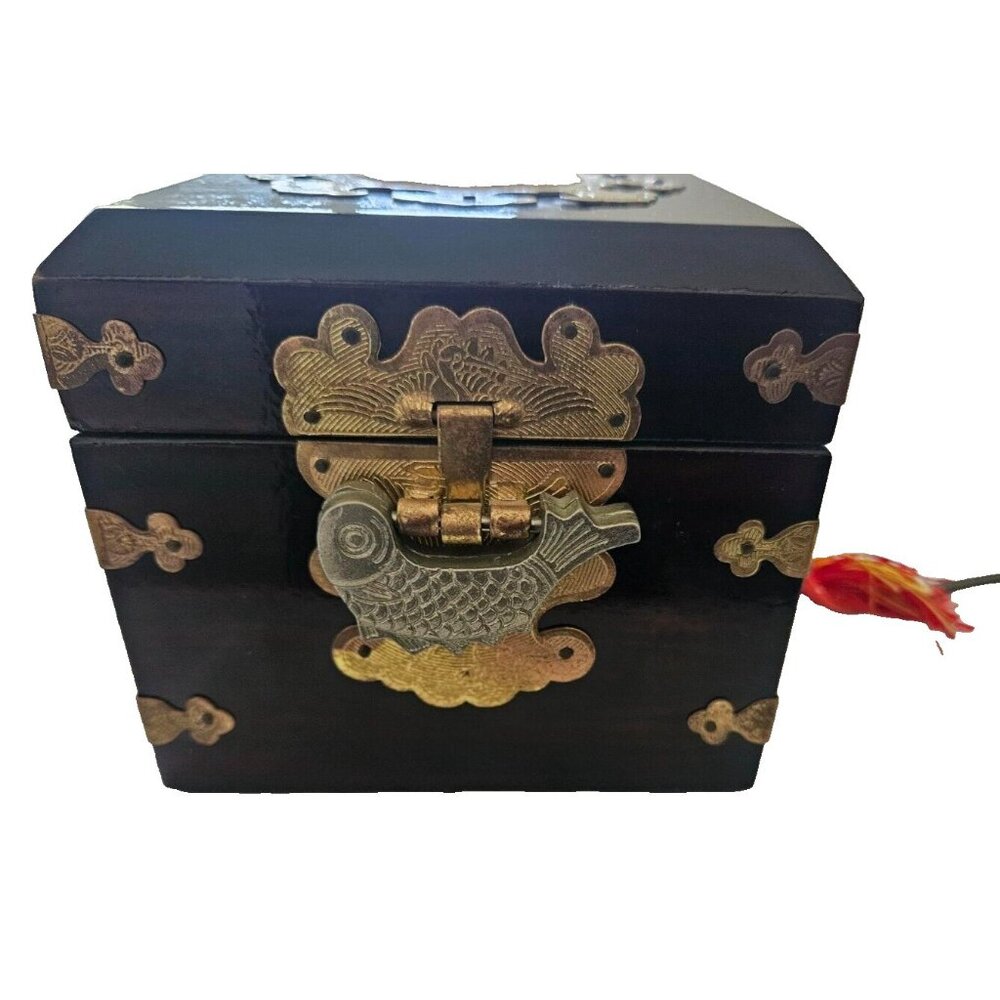 Vintage Chinese Lacquered Jewelry Box Brown and Gold with Koi Fish Lock and Key